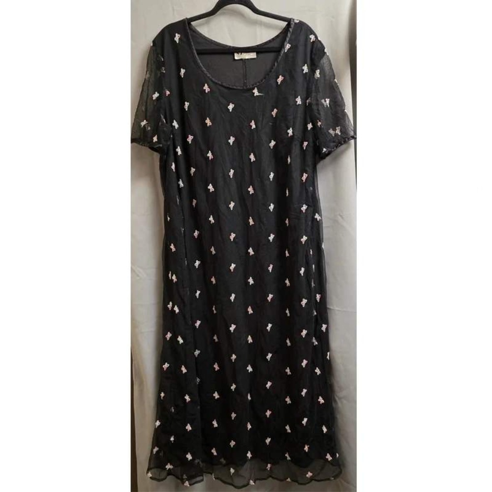 Vintage S.L. Fashions Black Mesh Butterfly Embroidered Midi Dress Plus 22 24